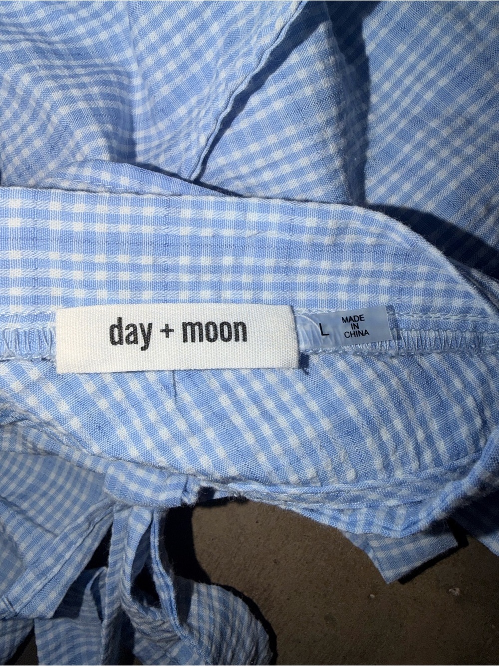 Day + Moon Blue Gingham Ruffle Romper Dress Style Smocked Tie Back Size L - Picture 5 of 10